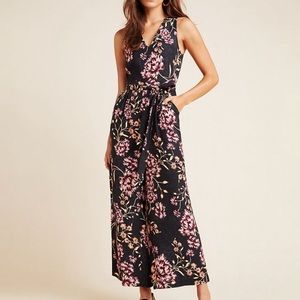 Anthropologie Floral Wide Leg Jumpsuit in Black and Pink